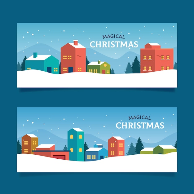 Platte ontwerp kerststad banners sjabloon