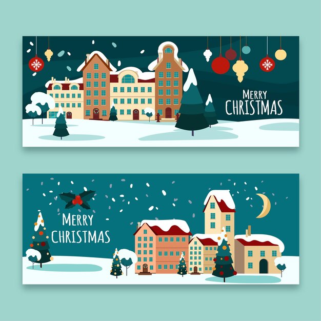 Platte ontwerp kerststad banners sjabloon