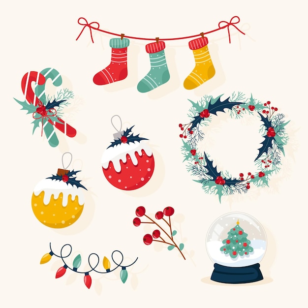 Gratis vector platte ontwerp kerstversiering collectie