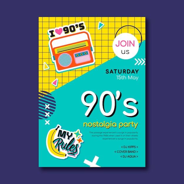 Platte ontwerp kleurrijke 90s feestuitnodiging