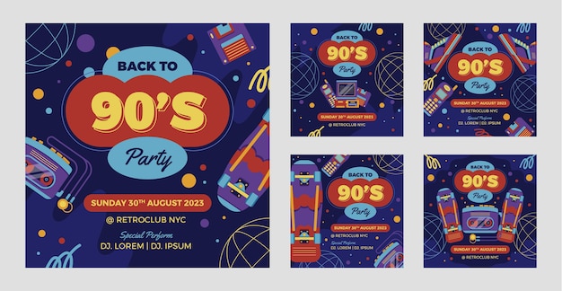 Platte ontwerp kleurrijke jaren 90 feestsjabloon
