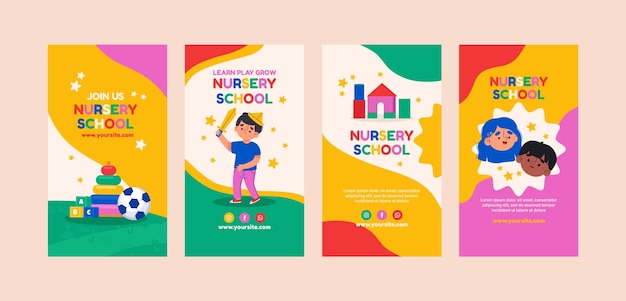 Platte ontwerp kleuterschool instagram verhalen set