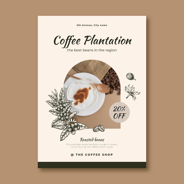 Platte ontwerp koffieplantage poster sjabloon