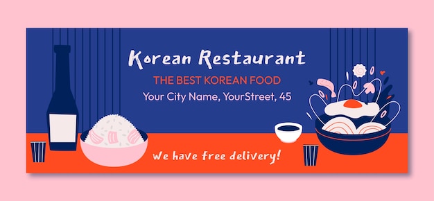 Gratis vector platte ontwerp koreaans restaurant facebook voorbladsjabloon