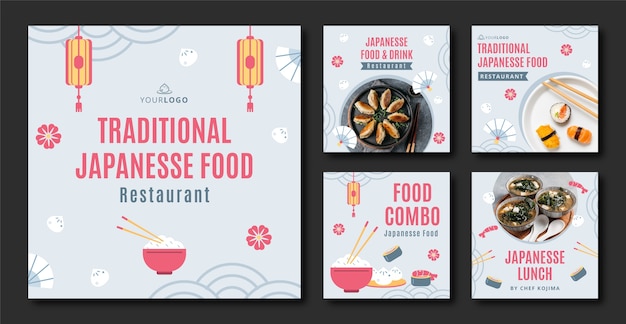 Gratis vector platte ontwerp lekker aziatisch eten instagram posts set