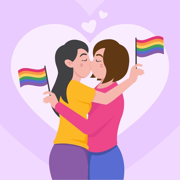 Platte ontwerp lesbisch koppel kus geïllustreerd