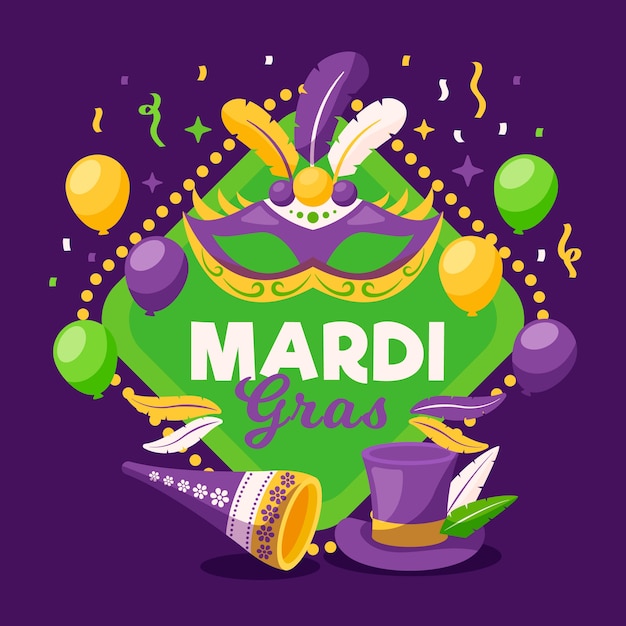 Gratis vector platte ontwerp mardi gras met ballonnen en hoge hoed