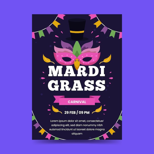 Gratis vector platte ontwerp mardi gras poster sjabloon