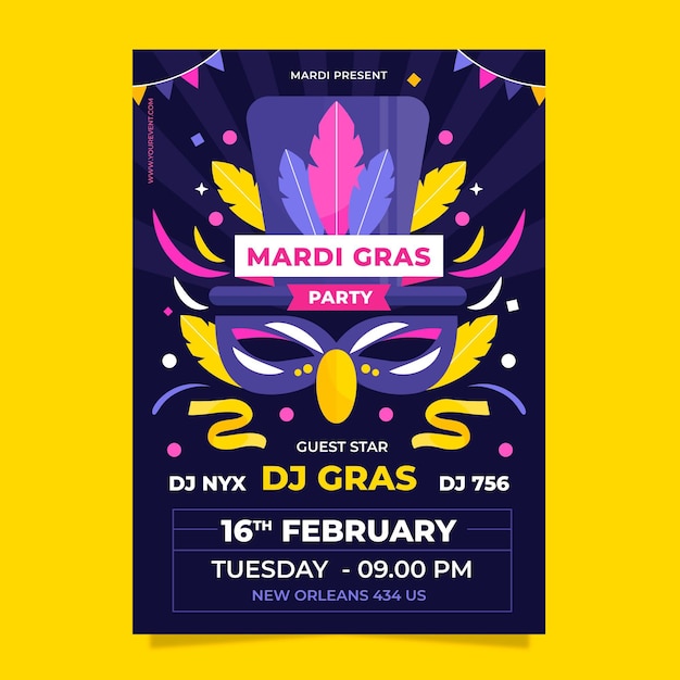 Gratis vector platte ontwerp mardi gras poster sjabloon