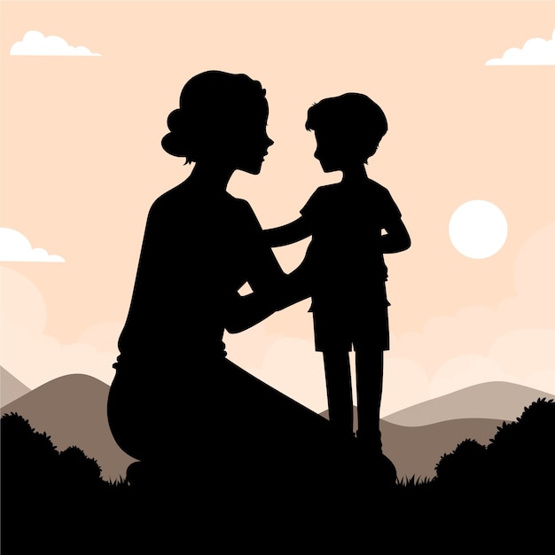 Gratis vector platte ontwerp moeder en zoon silhouet