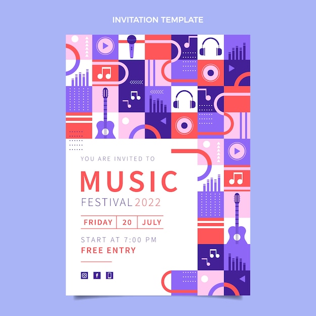 Platte ontwerp mozaïek muziekfestival uitnodigingssjabloon