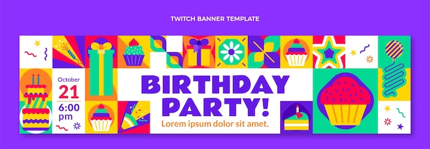 Gratis vector platte ontwerp mozaïek verjaardag twitch banner