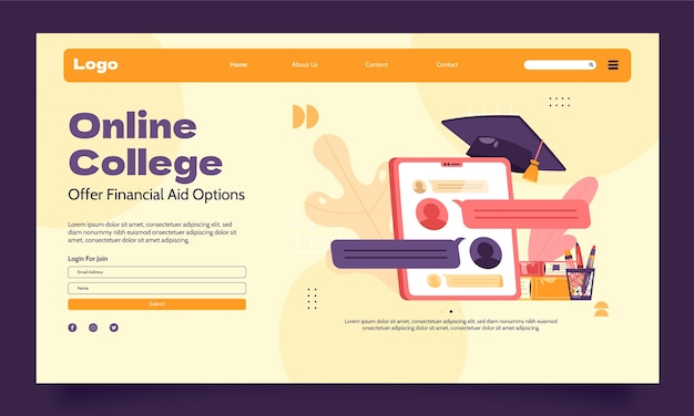 Platte ontwerp online bestemmingspagina voor hogescholen