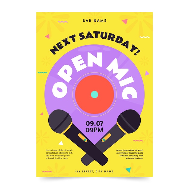 Platte ontwerp open microfoon posterontwerp