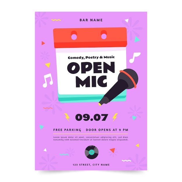 Gratis vector platte ontwerp open microfoon posterontwerp