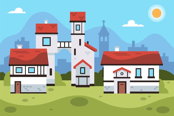 Gratis Vector platte ontwerp oude dorpsillustratie