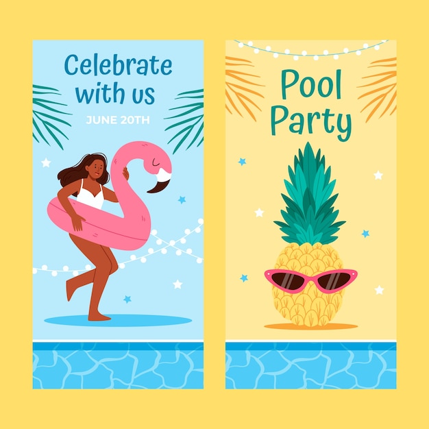 Gratis vector platte ontwerp pool party verticale banner