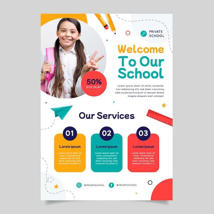 Gratis Vector platte ontwerp privé school kleurrijke poster