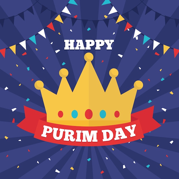 Gratis vector platte ontwerp purim dag en gouden kroon met lint