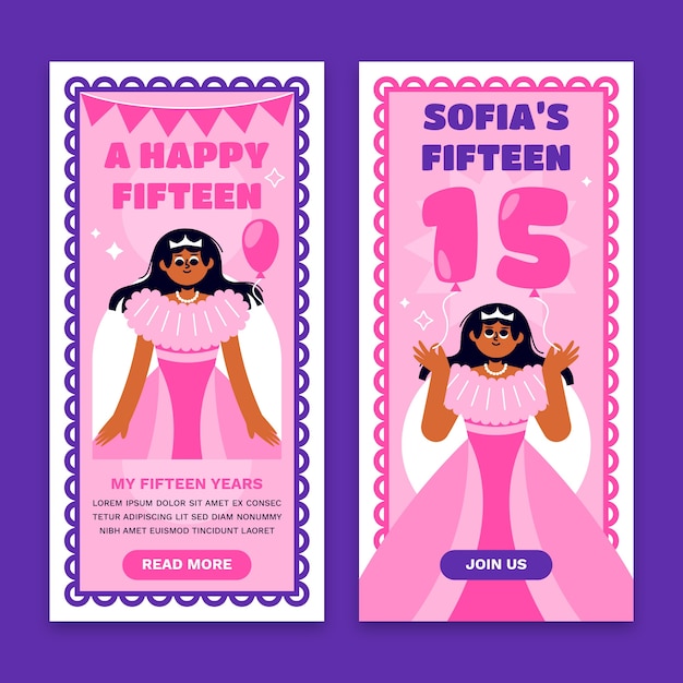 Gratis vector platte ontwerp quinceanera banner sjabloonontwerp