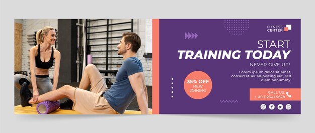 Gratis vector platte ontwerp sportschool training twitter header sjabloon