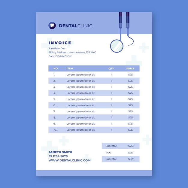 Platte ontwerp tandheelkundige kliniek factuurrapportsjabloon