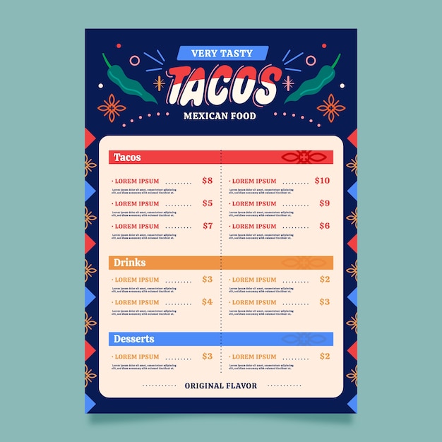 Gratis vector platte ontwerp taqueria menu ontwerp