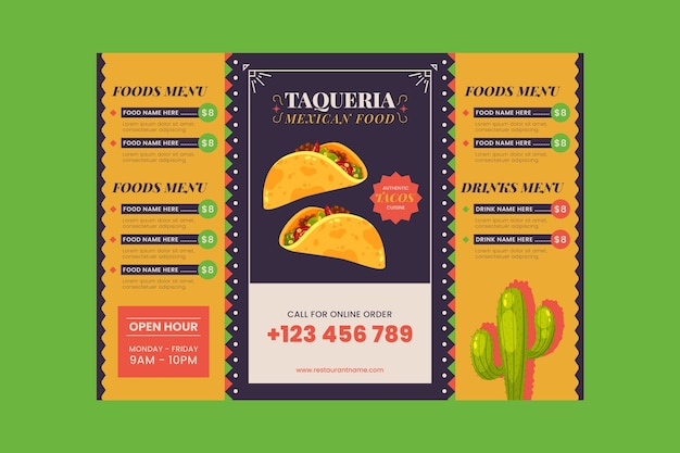 Gratis vector platte ontwerp taqueria menusjabloon