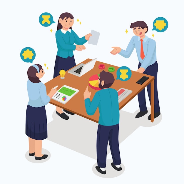 Gratis vector platte ontwerp teamwork concept met tafel