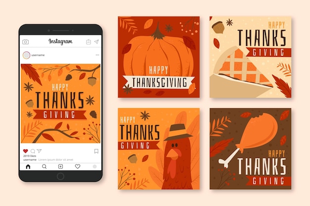 Platte ontwerp thanksgiving instagram posts pack