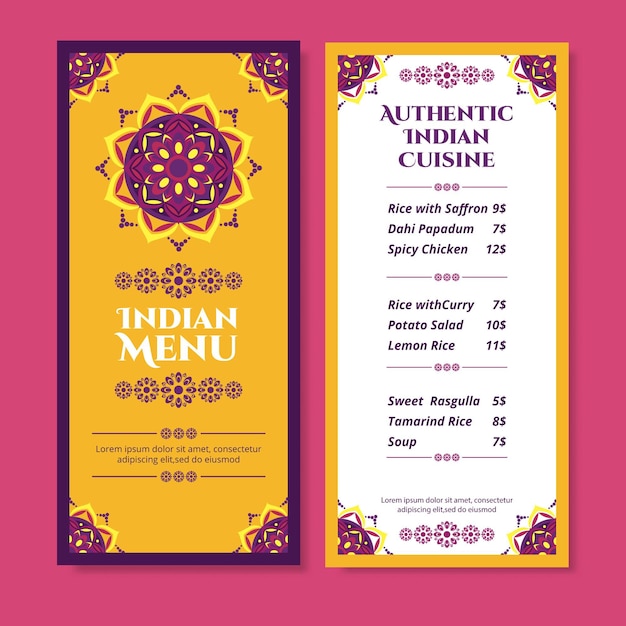 Gratis vector platte ontwerp traditionele indiase restaurant menusjabloon