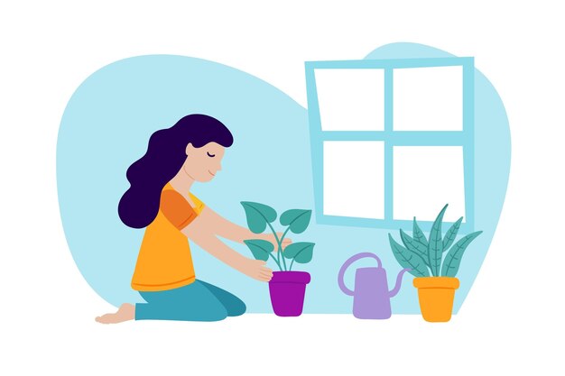 Platte ontwerp tuinieren thuis concept illustratie met vrouw