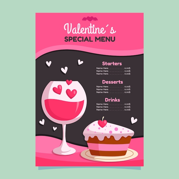 Platte ontwerp valentijnsdag menu sjabloon concept