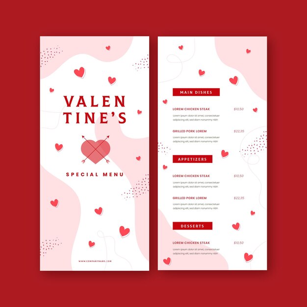 Platte ontwerp valentijnsdag menusjabloon