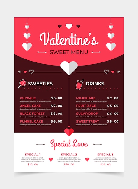 Gratis vector platte ontwerp valentijnsdag menusjabloon