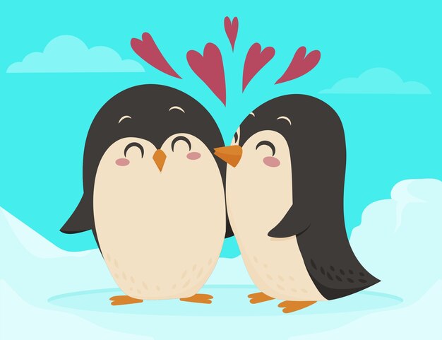 Platte ontwerp Valentijnsdag pinguïn paar