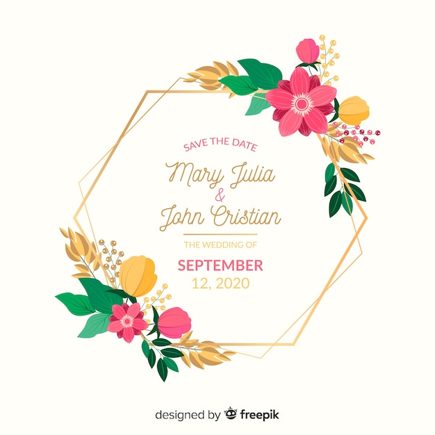 Gratis vector platte ontwerp van bloemen frame bruiloft uitnodiging