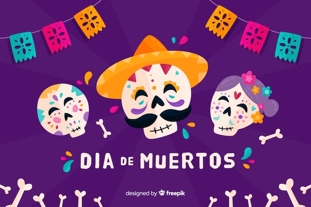 Platte ontwerp van dia de muertos achtergrond