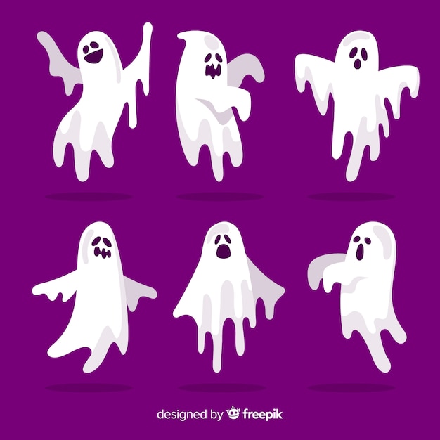 Platte ontwerp van halloween ghost collection op paarse achtergrond