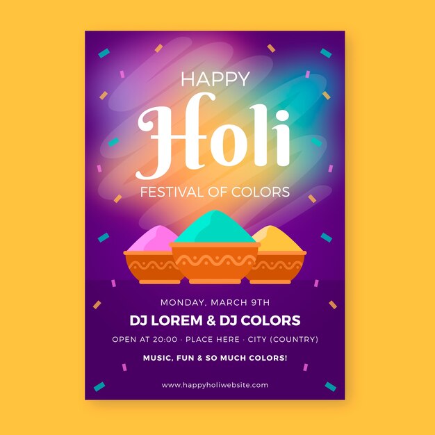 Platte ontwerp van holi festival flyer feest met kleurrijke poeder verf