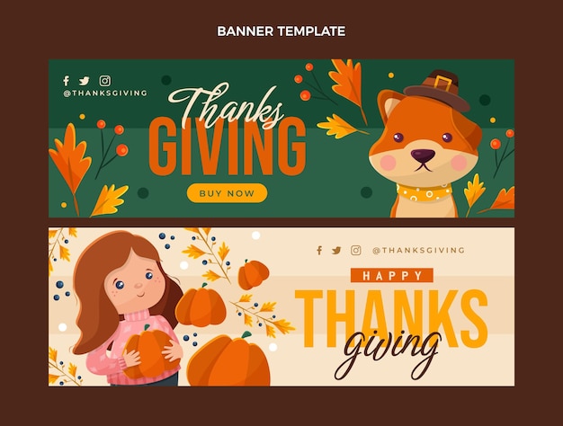 Platte ontwerp van thanksgiving banners horizontaal Premium Vector