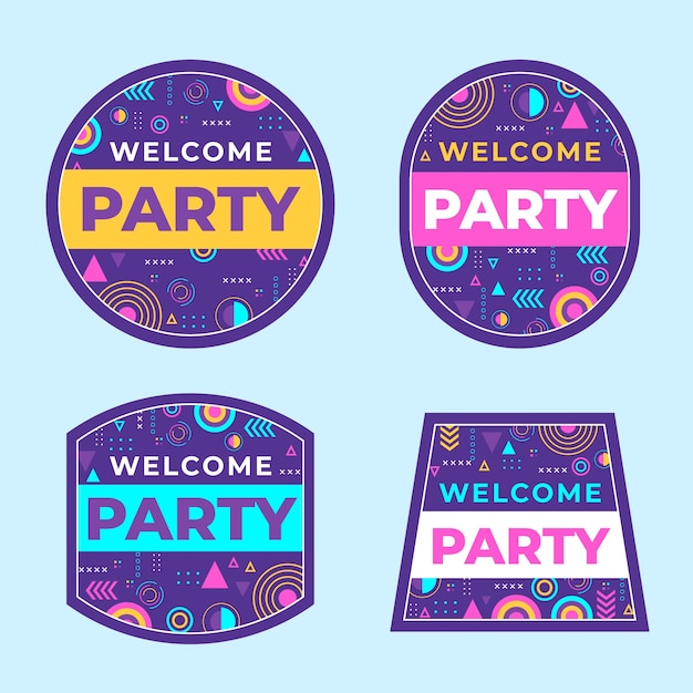 Gratis vector platte ontwerp welkomstfeest etiketten sjabloon