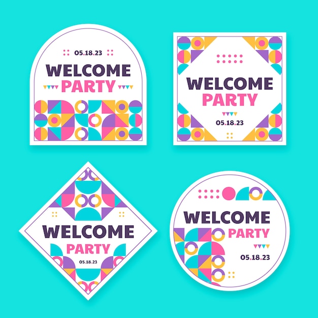 Gratis vector platte ontwerp welkomstfeest etiketten sjabloon