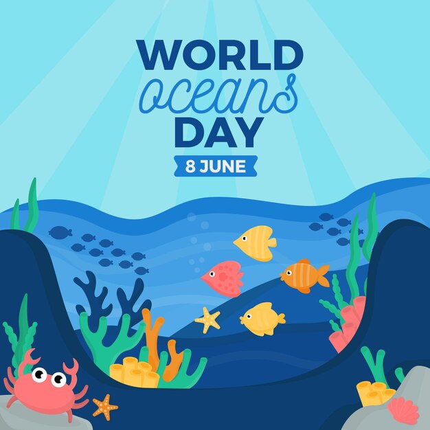 Platte ontwerp wereld oceanen dag concept