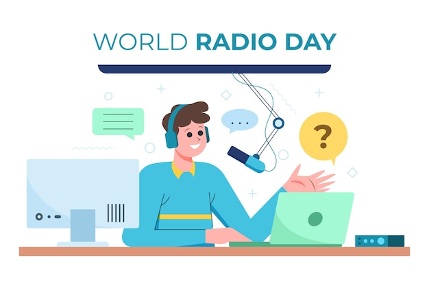 Gratis vector platte ontwerp wereld radio dag achtergrond met man