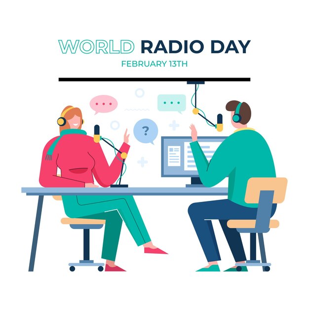 Platte ontwerp wereld radio dag achtergrond met presentatoren
