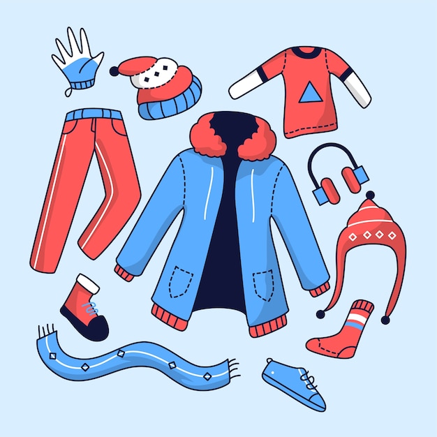 Gratis vector platte ontwerp winterkleding en benodigdheden