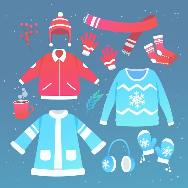 Gratis vector platte ontwerp winterkleren en essentials