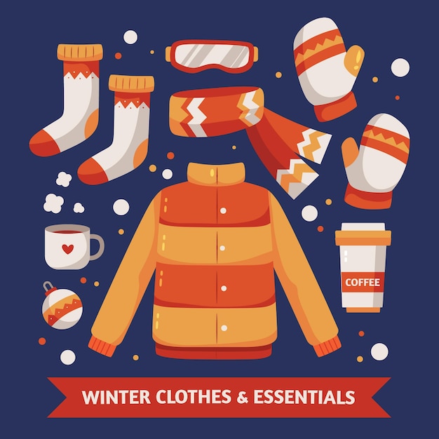 Gratis vector platte ontwerp winterkleren en essentials