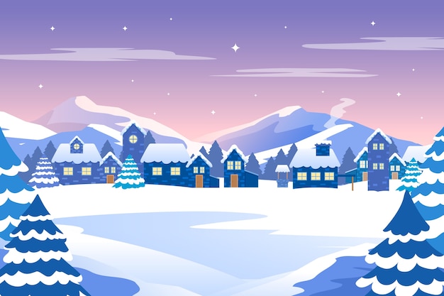 Gratis vector platte ontwerp winterlandschap concept